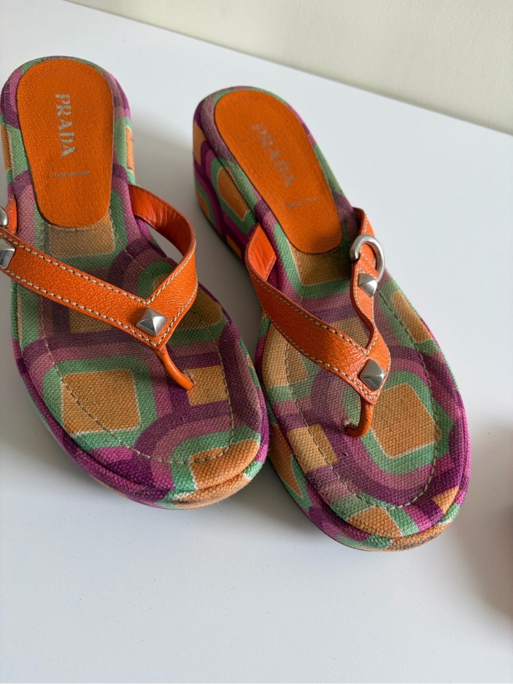Vintage Prada Women’s Orange & Fuchsia Geometric Wedge Sandal - Picture 2 of 6